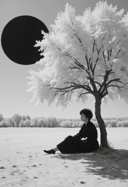 m0d3rn1mpr impressionist oil painting of a young Korean woman, infrared image, black and white, monochrome, sitting under a lone tree with white leaves in a desolate barren field, black sun in the sky, feelings of isolation and loneliness and sadness