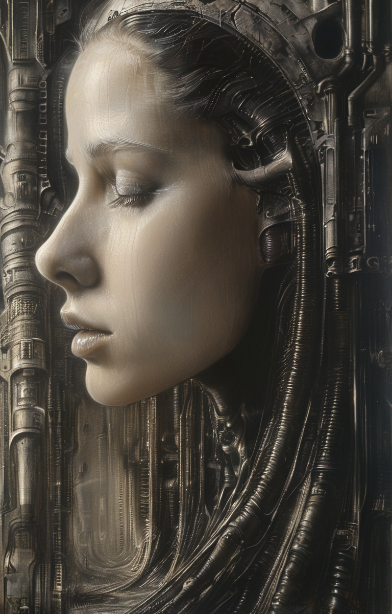 masterpiece,best quality,<lora:tbh295-sdxl:0.9>,illustration,style of H. R. Giger tech genius teenage girl