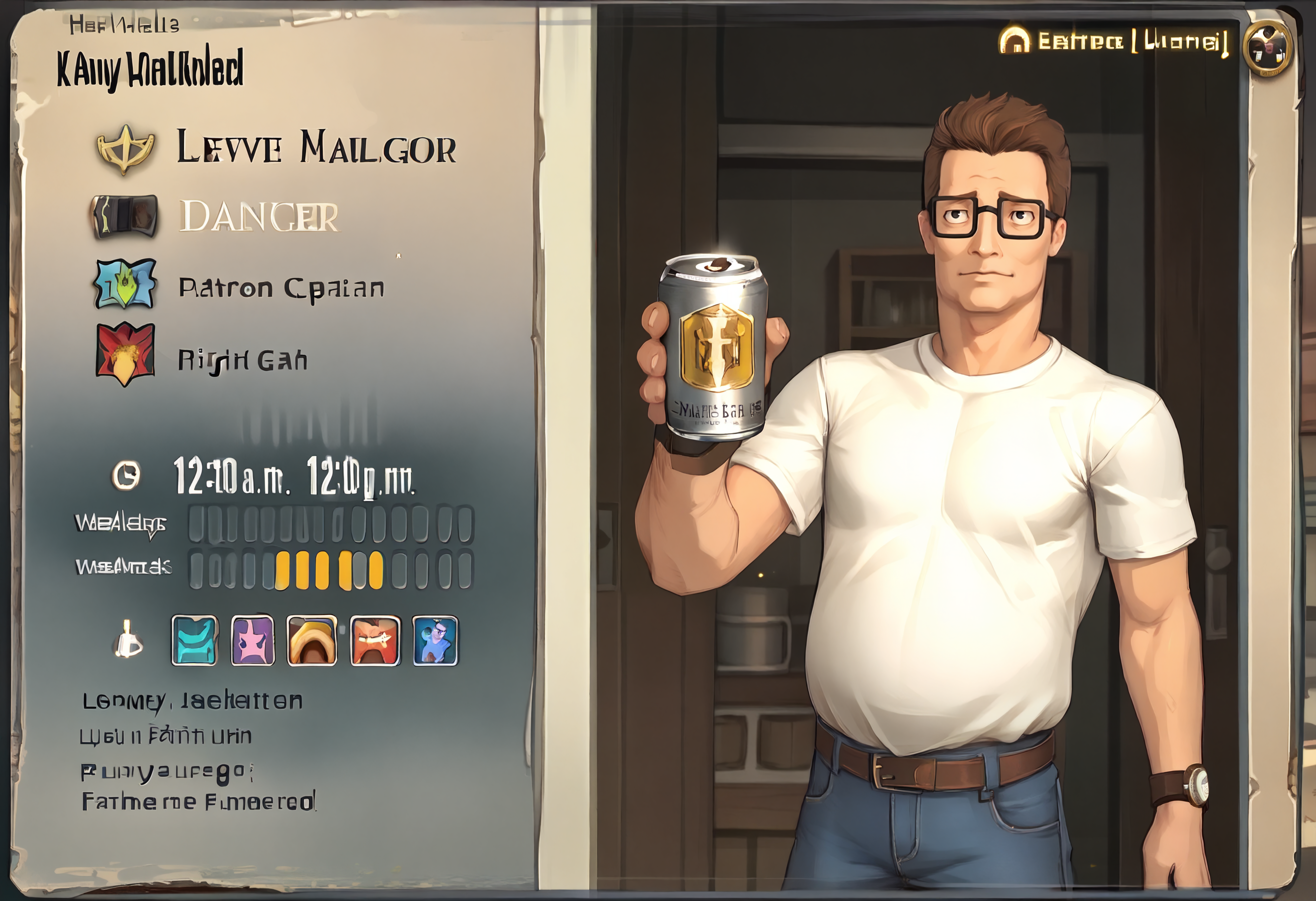 score_9, score_8_up, score_7_up BREAK <lora:clamXIVaPlate_v10:1> XIVaPlate, english text,  <lora:hankhill_pd:0.8> hankhillpd, glasses, brown hair,  white t-shirt, jeans, belt, wrtistwatch, brown footwear, mature male, male focus, black eyes, beer can