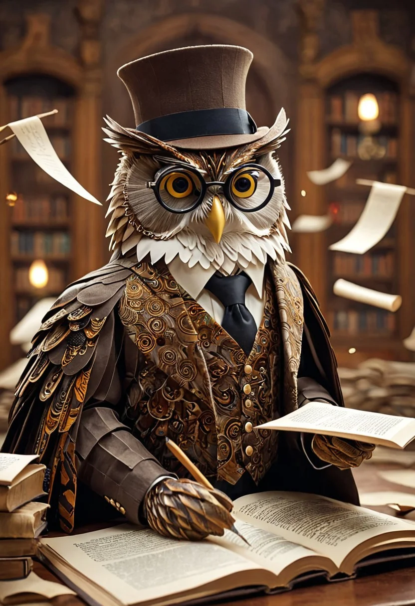 owl man, long bushy beard, paperart, A closeup of fantastical image of a owl man wearing monocle glasses and brown hat, playing the role of a professor, monocle glasses, brown hat, batik brown suit, brown suit, clad in flowing, flowing paper sticks, wielding an batik ornate, ornate batik, Their face are filled with power and determination, as they wield the paper book n a fluid, proudly while write in a book, is writing in a book, holding pen, book table in front, scattered papers, paper paper floating in the air, many paper floating in the air, paper, background at the library lab, chairs, bookshelves, action pose, dynamic motion, decorated lights, lots of paper falling from the ceiling