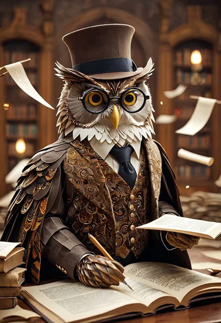 owl man, long bushy beard, paperart, A closeup of fantastical image of a owl man wearing monocle glasses and brown hat, playing the role of a professor, monocle glasses, brown hat, batik brown suit, brown suit, clad in flowing, flowing paper sticks, wielding an batik ornate, ornate batik, Their face are filled with power and determination, as they wield the paper book n a fluid, proudly while write in a book, is writing in a book, holding pen, book table in front, scattered papers, paper paper floating in the air, many paper floating in the air, paper, background at the library lab, chairs, bookshelves, action pose, dynamic motion, decorated lights, lots of paper falling from the ceiling