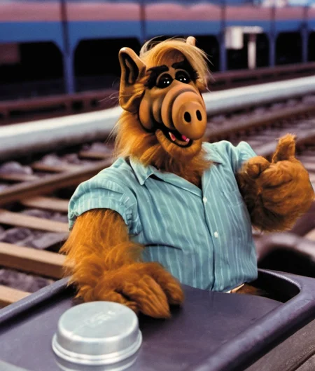 <lora:Alf Person - 1500:1> alf person riding a rollercoaster at Six Flags New Orleans that was abandoned after a storm decades ago. spooky broken rollercoast track with missing pieces, ,alf is excited but in danger.