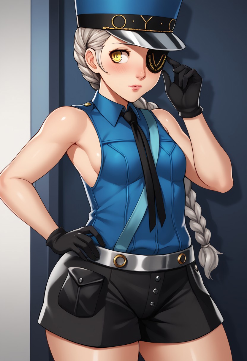 score_9, score_8_up, score_7_up, , shiny skin:0.1, source_anime, , deep skin,, high quality, highres, , 1girl, (curvy), ((wide hips)),, thick thighs, cute, , sexy, small breasts, JustineP5, justine (persona 5), official outfit, yellow eyes, gloves, hat, braid, eyepatch, black gloves, long hair, necktie, sleeveless, sideboob, blue headwear, shirt, grey hair, blue shirt, single braid, wing collar, black shorts, shy, blush, solo