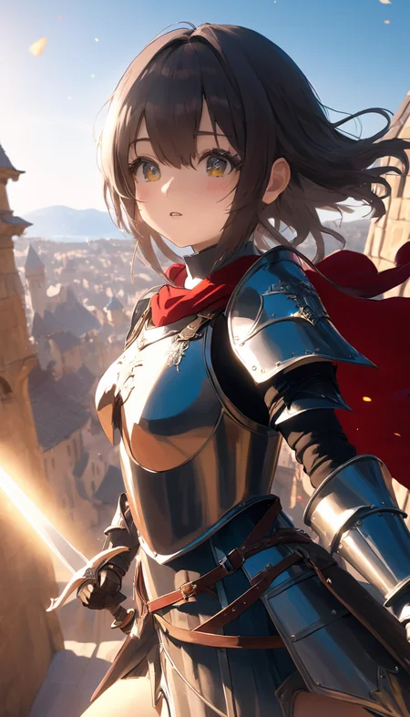 1girl, female knight, extremely detailed piercing eyes, hero view, action pose, cinematic scene, scenery, detailed background, masterpiece, best quality, high quality, highres, absurdres, very detailed, high resolution, sharp, sharp image, 8k, vivid, colorful, anime, Hisiya <lora:hisiya_xl_v1:1.0>
