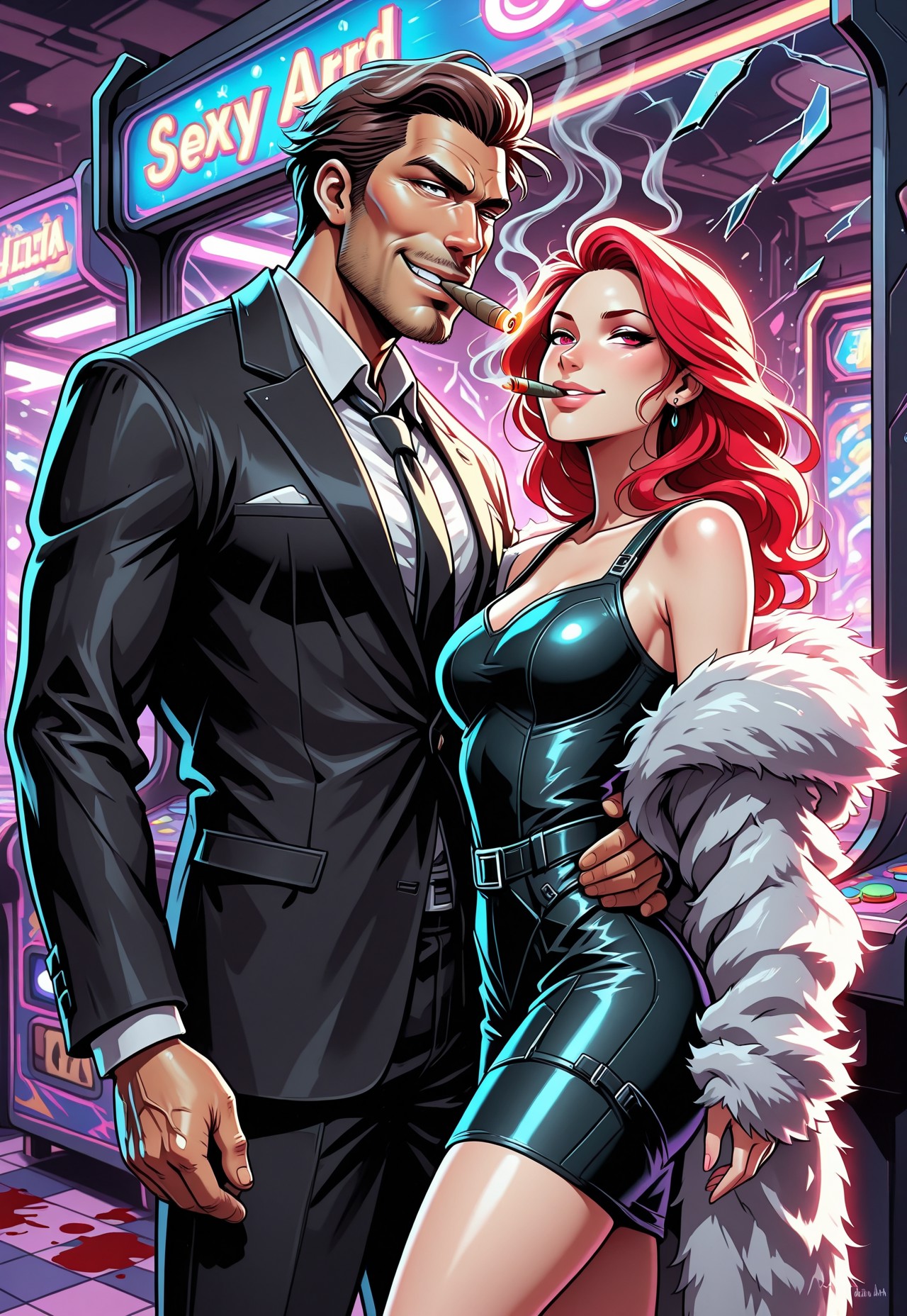 masterpiece, best quality, absurdres, 1 handsome manly man, cigar on mouth, smoking cigar, smoke, blood splatter, 1 woman, sexy secretary, evil couple, waist hug, smirk, broken mirror effect, fur coat, black suit, in arcade_style, highly detailed, neon colors, glowing outlines, stylized lighting, retro 80s palette, vibrant background, cinematic, digital art, concept art, Arcade_Style, arcade_vibe, arcadiaFX, neon_arcadia