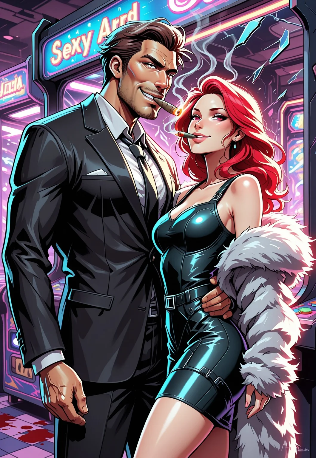 masterpiece, best quality, absurdres, 1 handsome manly man, cigar on mouth, smoking cigar, smoke, blood splatter, 1 woman, sexy secretary, evil couple, waist hug, smirk, broken mirror effect, fur coat, black suit, in arcade_style, highly detailed, neon colors, glowing outlines, stylized lighting, retro 80s palette, vibrant background, cinematic, digital art, concept art, Arcade_Style, arcade_vibe, arcadiaFX, neon_arcadia