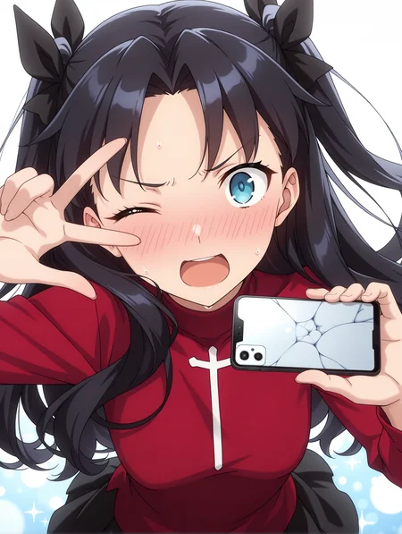 masterpiece,best quality,newest,1girl,solo,
anime screencap,<lora:T_Rin_ilxlv1.3:1>,t_rin,two side up,black hair bow,black hair,blue eyes,r_clothes,turtleneck,long sleeves,red shirt,miniskirt,
<lora:Fixhands_anime_bdsqlsz_V1:1>,(holding,broken smartphone:1.2),face_focus,(reaching towards viewer:1.2),outstretched arm,(holding Smartphones:1.2),open mouth,front view,upper_body,looking_up,panorama,:d,looking_at_Smartphones,reaching towards viewer,self -portrait,one eye closed,sparkle,face_focus,bokeh,foreshortening,fisheye,white_background,v over eye,shaded_face,frown,furrowed_brow,constricted pupils,half-closed eyes,sweat,flustered,
