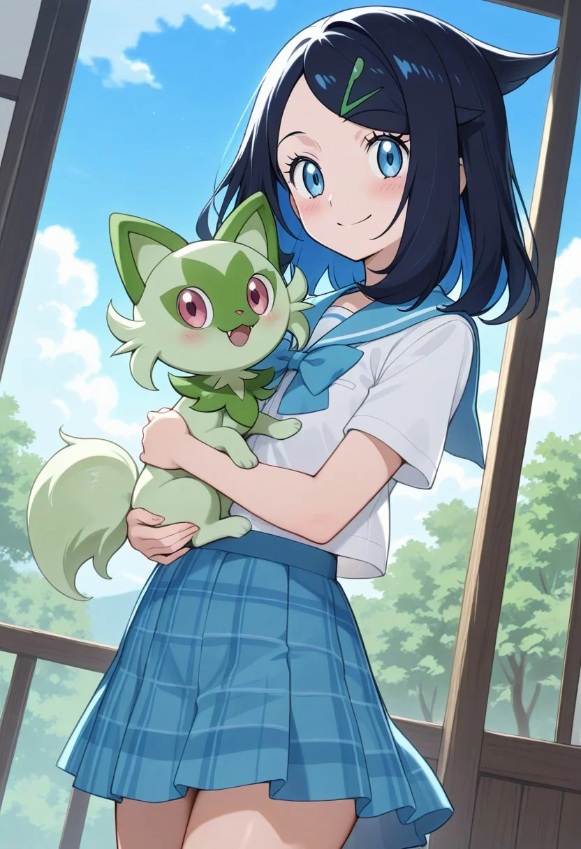masterpiece, best quality, newest, absurdres, highres, anime,
eye reflection,
aaliko, medium hair, black hair, colored inner hair, hairclip, blue eyes,
1girl, blush, smile,
looking at viewer,
school uniform, blue sailor collar, blue bow, white shirt, short sleeves, plaid skirt, blue skirt,
Sprigatito, holding animal,
outdoors, scenery,
dutch angle, cowboy shot, solo,