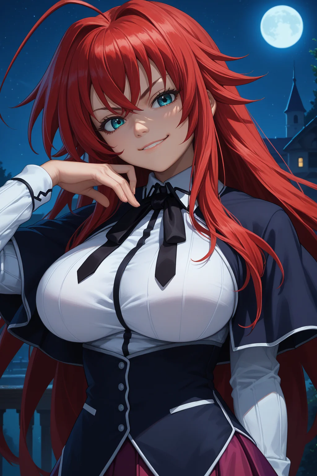 score_9, score_8_up, score_7_up, score_6_up, source_anime, 1girl, solo, <lora:rias-pdxl-nvwls-v1:1> dxdRG, red hair, ahoge, long hair, black capelet, neck ribbon, white shirt, long sleeves, school uniform, purple skirt, big breasts, looking at you, smirk, night sky, upper body, standing, night, hand up