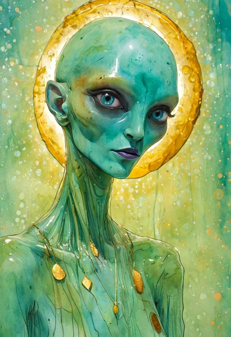 (resplendent highlighting) in the style of casual line and wash sketch, hauntingly beautiful, violento colorido, influenced by Bernard Buffet, a contemporary watercolor painting, storytelling, tightly framed close-up portrait in the style of James C. Christensen, Ethereal minimalist Alien from a type-3 civilization, voodoo chanteuse with a coy gaze, fashion photoshoot, backdrop of cantina, futuristic adornment in the form of disks, hanging pendants, translucent jade, polycarbonate resin, glass, gold leaf, teal-colored skin, illuminated from within, teal and gold palette, textured use of palette knives, waist-high portrait, intricate, sharp_focus, concept_art, background of oxidization and bokeh fog