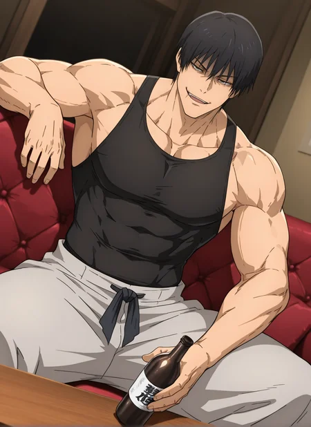 masterpiece, best quality, detailed shading, perfect eye, shaded skin, male focus, dutch angle, club, solo, table, sofa, sit, dark light
<lora:t0ji_IL:0.9>, man, t0ji, green eye, black hair, scar on corner lips, tank top, baggy pants, broad shoulders, smirk, open mouth, holding bottle