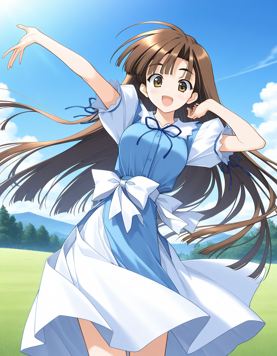 general,highres, ultra-detailed,very aesthetic,best quality ,best hands,  BREAK <lora:Mikage_Subaru_IS:1> Mikage_Subaru, 1girl,solo, brown hair, brown eyes, very long hair, bangs, medium breasts,
dress,  smile,  short sleeves, puffy sleeves, looking at viewer, bow, blue dress,  standing,  ribbon, white blue skirt, open mouth, happy, up arms, white bow,
cowboy_Shot,
blue sky, day, grass,