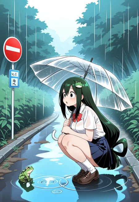 <lora:neromashin:1> , neromashin style,masterpiece, highres, absurdres,amazing quality, best quality, detailed background, 8k, 1girl, tsuyu, asui,breasts,squatting, wide shot,frog,frog hair ornament,green hair,hair ornament,holding,holding umbrella,long hair,open mouth,outdoors,pleated skirt,puddle,rain,road sign,school uniform,shirt,short sleeves,sign,skirt,snake hair ornament,socks,solo,transparent,transparent umbrella,umbrella,very long hair,white shirt,white socks