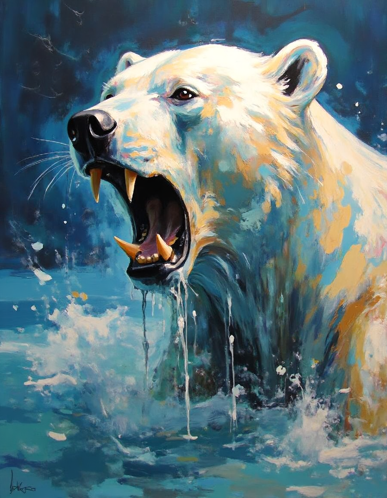 ssf_4bstr4ct painting of a polar bear with its mouth open the water. the bear is depicted in a realistic style, with its fur and features clearly visible. The water around the bear is a deep blue