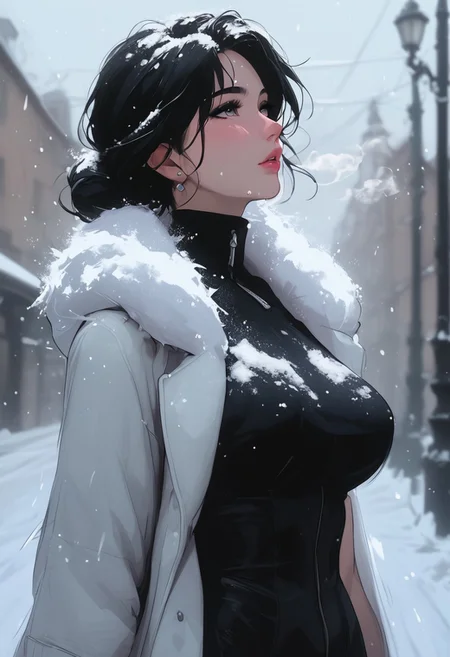 masterpiece, best quality, highly detailed, ultra-realistic, score_9, score_8_up, score_7_up, score_6_up, source_cartoon,  
BREAK  
1MILF, 35yo, curvy waist, large breasts, pale skin, long black hair, wearing a white fur coat, standing in snow, looking up at sky, expression of wonder, snowflakes on skin, cold breath visible, dark clouds, streetlights glowing, faint scent of winter.  
BREAK  
snow falling, hair slightly covered in snow, coat slightly open, motion_lines:1.5, motion_blur:1.5.  
BREAK  
atmospheric, emotional, raw sensuality, dynamic light, cold_light, soft focus, depth of field, cinematic composition