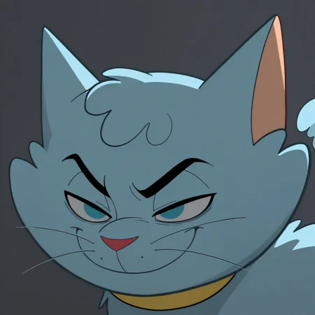 masterpiece, best quality, amazing quality, snooky, male, furry male, feral, cat, solo, blue fur, blue eyes, black eyebrows, whiskers, red nose, paw pads, tail, yellow collar, evil smile, narrowed eyes, head tilted down, arched eyebrows, close up, portrait, dark, shadow, horror, grey background