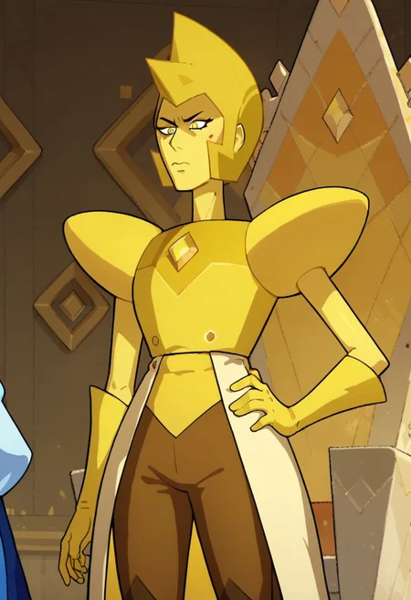 Score_9_up, score_8_up, score_7_up, BREAK Expressiveh, 1girl, solo, ydsu, yellow hair, yellow skin, shoulder pads, yellow eyes, chest jewel, overcoat, cowboy shot, hand on hip, stern look, throne room