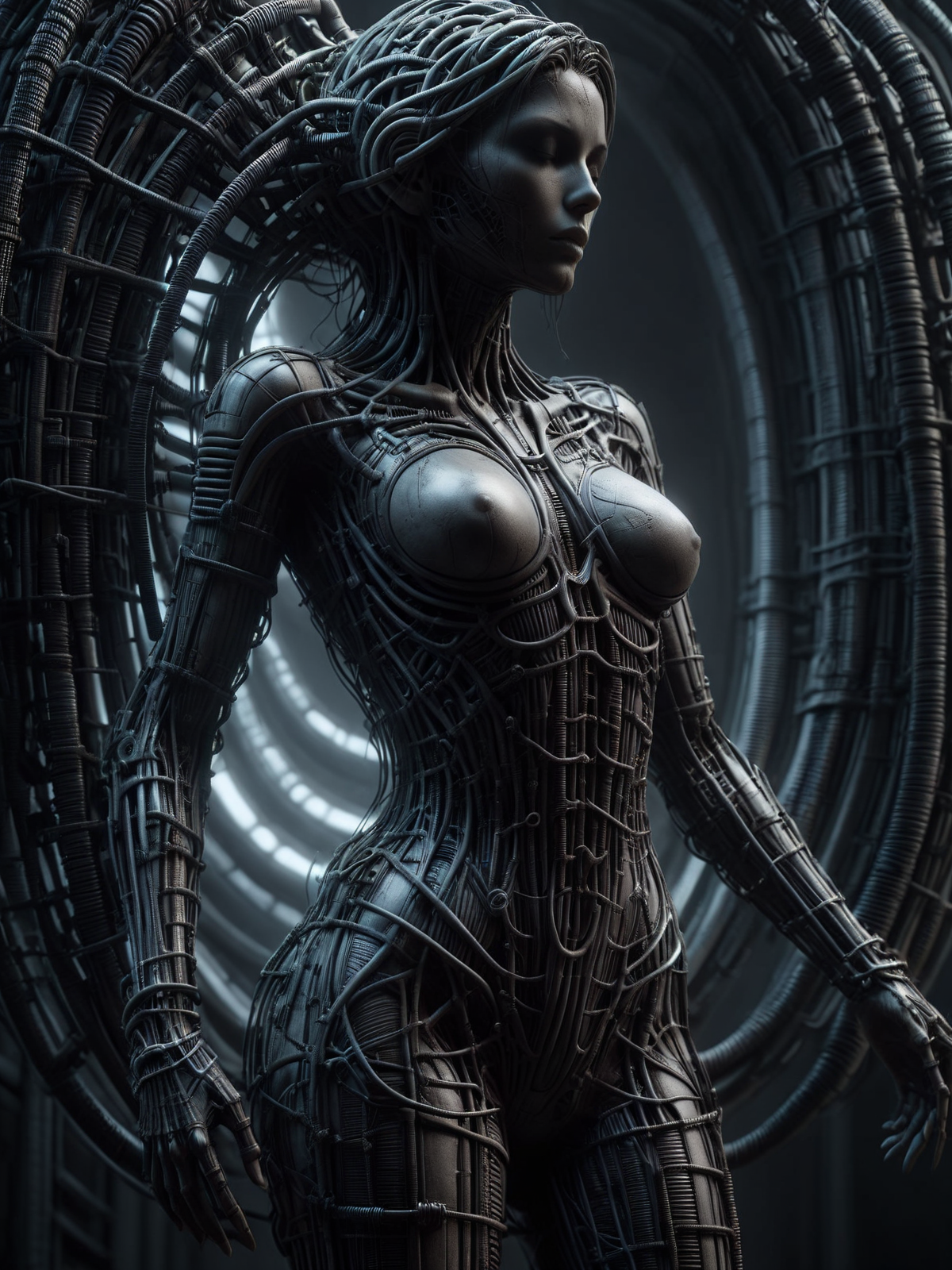statue of a woman made of mad-rnfcnct , in the style of hr giger  <lora:Derilict_Concret_SDXL:1.0> <lora:Neon_Cyberpunk_SDXL:0.8>  cablelink <lora:great_lighting:0.5> great lighting <lora:aesthetic:1> aesthetic, (masterpiece:1.2), best quality, (hyperdetailed, highest detailed:1.2), high resolution textures