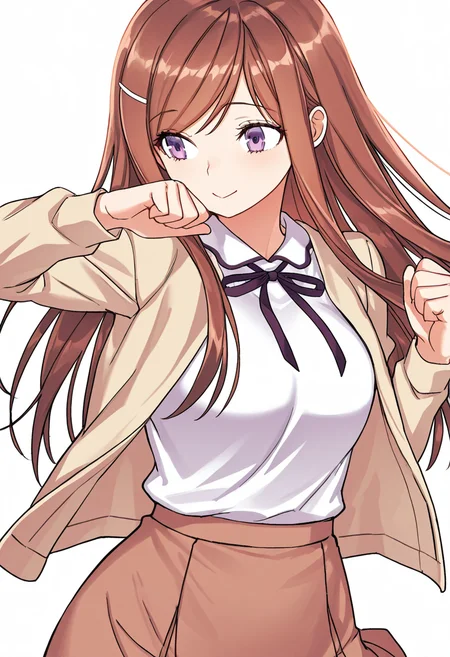 Smooth Quality,masterpiece,very intricate, high quality details, ultra realistic, high detailed skin,detailed enviorement,absurdres,
simple background, white background, dancing,skindentation, solo,dynamic angle,clenched hand,
<lora:Dasom_Lee_CNR:0.8> dasom_cnr, 1girl, brown hair, long hair, bangs, purple eyes,hairclip,dasom_def_cnr,school uniform, shirt, long sleeves, jacket,brown skirt, neck ribbon,, traumatized,, c:,