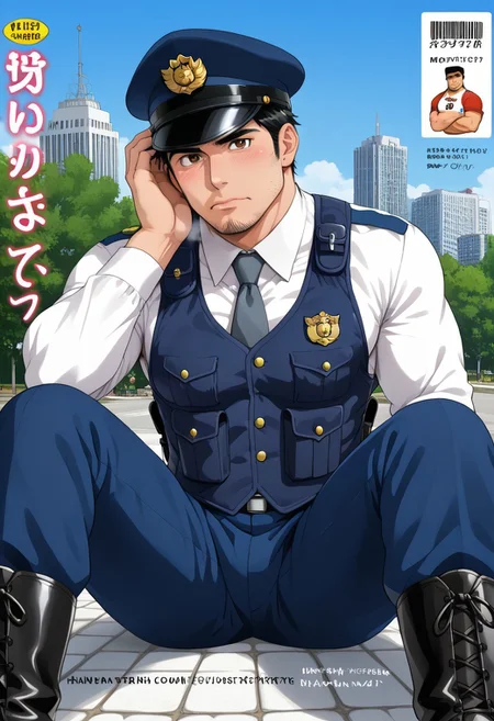 safe_pos, (manga, cover manga, Aaaild, Aaadjd, cover, cover page, magazine cover:1.4), safe_pos, perfect anatomy, perfect proportions, best quality, masterpiece, high_resolution, high quality, (solo focus, male focus, male only, bara, gay, homo:1.3), (mature, masculine, manly, virile, macho, hunky, rugged, middle-age, daddy, dilf, bulky, bear body type, stocky:1.2), handsome, alluring, seductive, heroic, serious, grim, stern, unsociability, bluntness, gruffness, look at viewer, BREAK asian man, japanese male, dark eyes, black hair, sideburns,(unkept facial hair, stubble, chinstrap beard:1.3) buzzcut, BREAK (Japanese Winter Police Uniform, HannekenJpPcWt06, white collared shirt, grey blue necktie, rank insignia, rank slides, long sleeves, Taijinbogofuku vest, stab vest, Walkie-Talkie, hip holster, dark blue pants, black boots, dark peaked cap, single traffic armbande:1.4), BREAK lying on ground, lying on back, relaxed pose, leaning slightly, one knee bent upward, legs spread, ass visible through thighs, hand supporting head, contemplative expression, guarded posture, intense blushing, horny, kinky, domination, heavy breathing, enticed, sweaty shiny skin, shading, countershading, dark atmosphere, outdoors, japanese modern city, park, nature, night