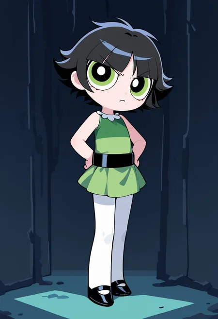 <lora:Powerpuff_Girls-000037:0.8>, 
buttercup \(ppg\), chibi,
black hair, short hair, green eyes, 
expressive eyes,
cold color, volumetric lighting,
BREAk, cartoon, source_cartoon,
green dress, black belt, 
white pantyhose, black shoes,
dark room, 
looking at viewer,
full body, 
1girl,solo,
Annoyed,