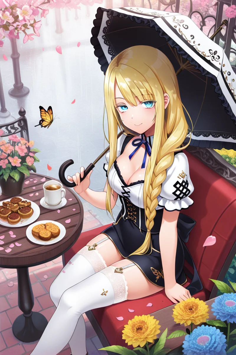 masterpiece, best quality, amazing quality,
<lora:Neo_IL:1> neo, 1girl, umbrella, blonde hair, thighhighs, long hair, sitting, solo, garter straps, holding, food, braid, white thighhighs, flower, looking at viewer, breasts, holding umbrella, smile, parasol, cleavage, cup, table, petals, butterfly, bug, ribbon
