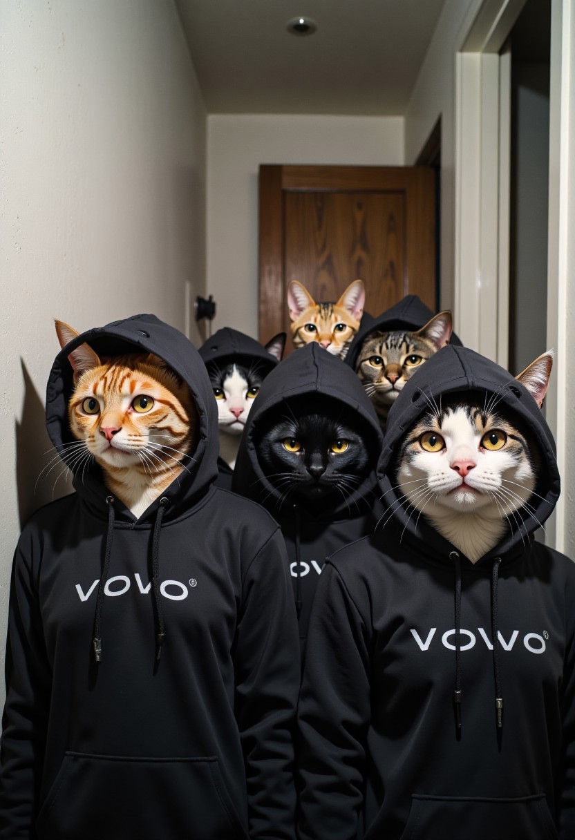 Canon EOS R5, 24mm f/1.4 lens, low-angle shot, harsh indoor lighting, 8K resolution — photograph of a tight-knit group of cats wearing identical black hooded sweatshirts branded with “VOVO” on the chest, their heads poking through the hoods in a surreal, almost militant formation. Captured from a low angle, the cats appear larger-than-life in the foreground. Their fur varies—orange, black, white, and classic tabby—each with unique expressions ranging from mild curiosity to slight irritation, heightening the absurd and humorous tone. They are positioned in a narrow, dim hallway with stark white walls and a wooden door in the background, slightly ajar to reveal another cat peeking out. Harsh lighting casts dramatic shadows across their faces and the corridor, emphasizing the cozy texture of the hoodies against the stark minimalism of the space. The composition plays with visual contrast and surreal juxtapositions to create a striking, playful image infused with unexpected humor.