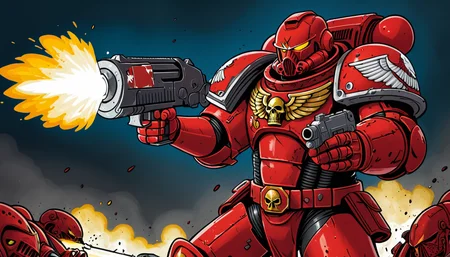 (digital illustration), Blood Angel Space Marine, Red Power Armor, holding bolter, heroic pose, dynamic composition, centered, comic book \(style\), bold lines, dramatic shading, red splashes, line art, limited color palette, extremely detailed, warhammer 40k
<lora:Astartes-000007:1>