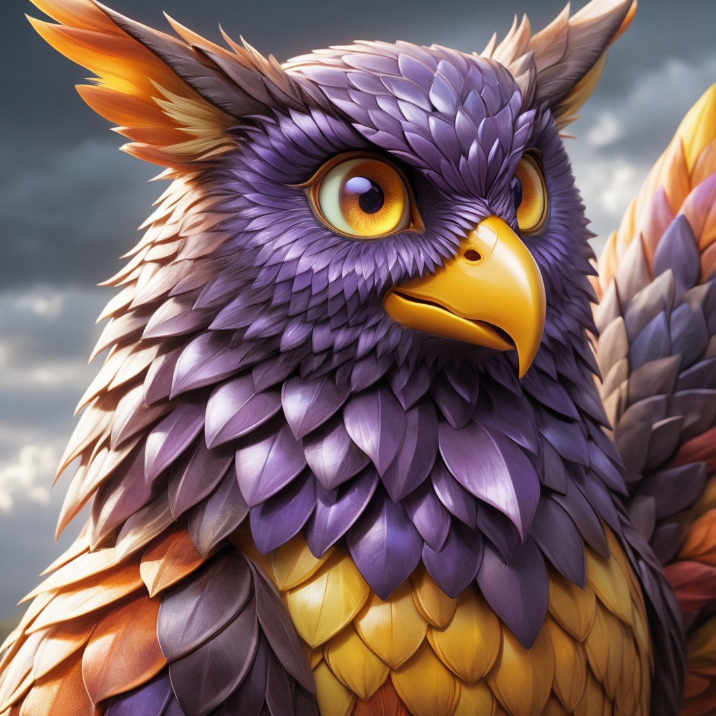 Shiny scaleboundsdxl,Up in the sky, cloudy, purple body, cover dark clouds scales, owl, ears, orange tips on head orange tips on butt, light yellow beak, light purple eyes, light green sclera, colored sclera, light yellow talons,solo,female1,happy, ( detail realistic), beautiful detail, high-quality, face close up,