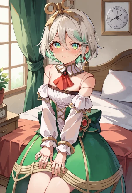 score_9, score_8_up, score_7_up, uncensored, source_anime, 1girl,  <lora:spceciliaImmergreenXLPony:1> immer1st, doll joints, hairband, dress, red ascot, detached sleeves, detached collar, green skirt, strapless, aged up, blush, hand on own wrist, happy tears, looking at viewer, looking to the side, smile, solo, tears, :|, bed, bedroom, clock, indoors, pillow
