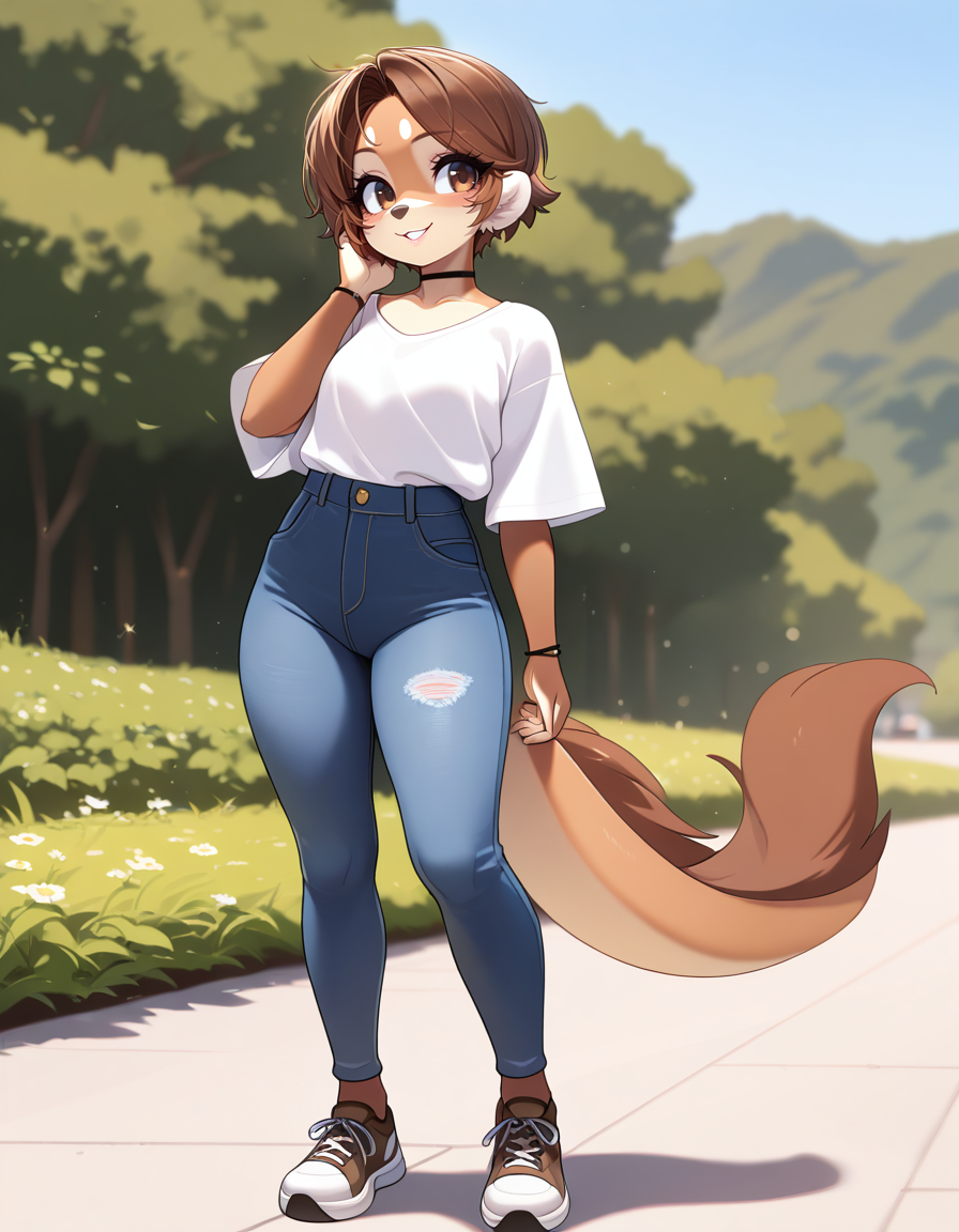 masterpiece, best quality, very aesthetic, absurdres,
outdoors, casual, 
full body, posing, 
smile, parted lips, long eyelashes, 
<lora:Mikhaila_v01_NAIXL:1>
M1k4a11a,1girl,solo,furry,furry female,short hair,brown hair,brown eyes,animal nose,choker,body fur,brown fur, tail,