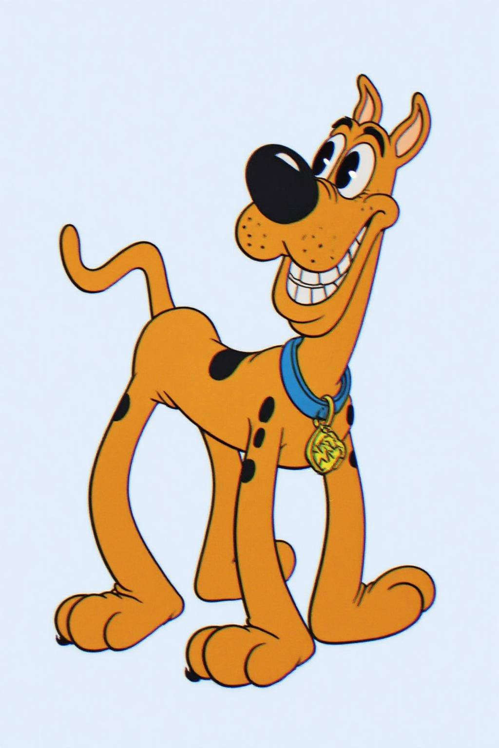 rubber hose animation style.
Scooby-Doo, the cartoon Great Dane, with orange and brown fur, wearing his signature blue collar with a gold tag. He has a wide-eyed expression with a large grin, showing his teeth. He is turning his head, looking to the left. <lora:rubberhose1_cap_d8a4:1.0><lora:844377243393199246:0>
