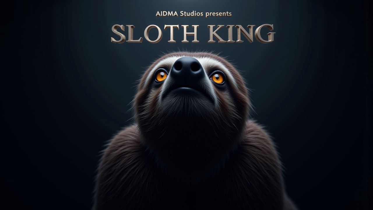 At the top of the poster, in a much smaller font, reads: 'AIDMA Studios presents,' positioned just above the sloth kingâs head, blending subtly with the darkening sky. The font for the title should be modern, with a slightly metallic look, while the 'AIDMA Studios presents' should have a more elegant, serif style, ensuring a professional and cinematic feel.",  aidmaImageupgrader, aidmahyperrealism, aidmatextimprover