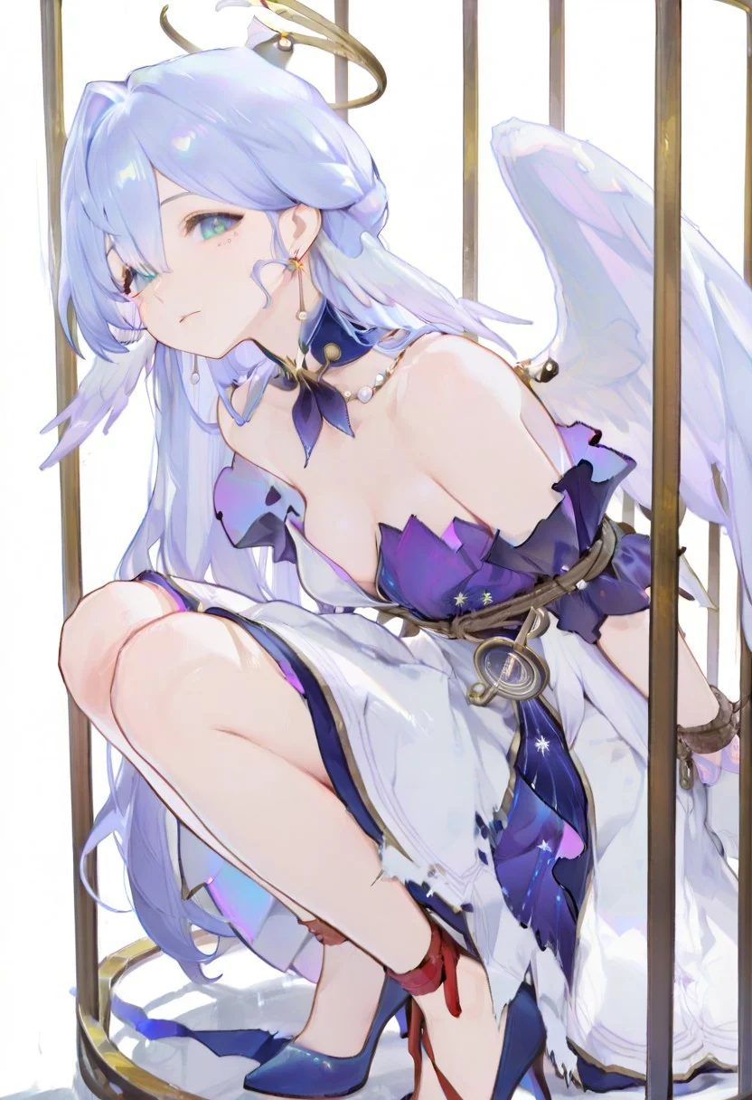 masterpiece, best quality, amazing quality, very aesthetic, absurdres, newest, volumetric lighting, female, female focus, simple background, white background, full body,1 girl, solo female, wings, angel wings, angelic smile,cage,inside a golden cage, tied up, bound arms, arms bound to the bars of the cage, a girl inside a cage with her arms bound, suggestive, nsfw
BREAK 
robin \(honkai: star rail\),sleeveless dress, halo, white gloves, earrings, detached sleeves, detached collar, head wings, blue pumps, looking at viewer, torn clothes, bare chest, boobs, undone clothes
