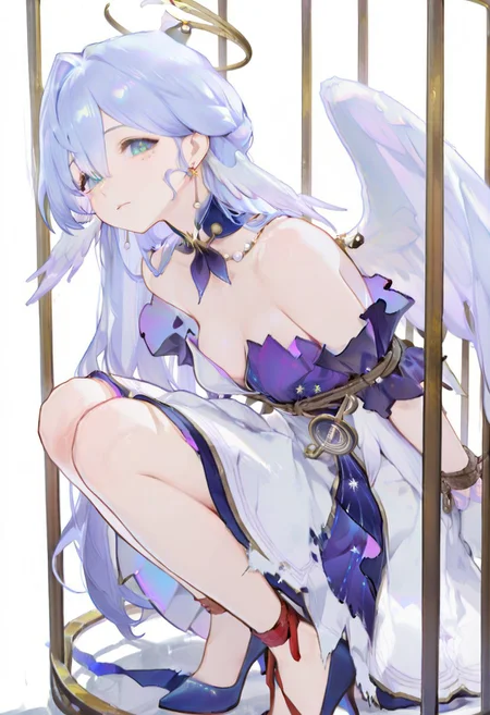 masterpiece, best quality, amazing quality, very aesthetic, absurdres, newest, volumetric lighting, female, female focus, simple background, white background, full body,1 girl, solo female, wings, angel wings, angelic smile,cage,inside a golden cage, tied up, bound arms, arms bound to the bars of the cage, a girl inside a cage with her arms bound, suggestive, nsfw
BREAK
robin \(honkai: star rail\),sleeveless dress, halo, white gloves, earrings, detached sleeves, detached collar, head wings, blue pumps, looking at viewer, torn clothes, bare chest, boobs, undone clothes