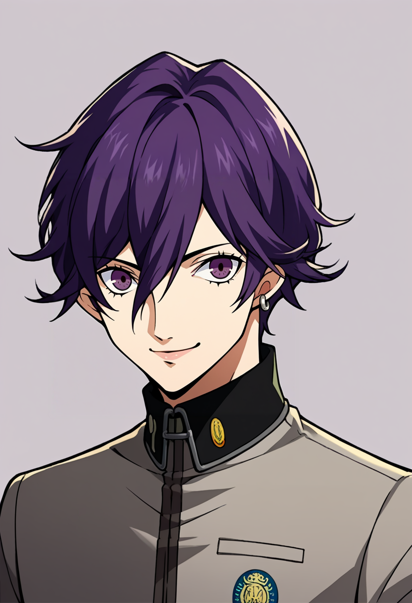 score_9, score_8_up, score_7_up, source_anime, BREAK, solo, 1boy, smile, looking at viewer,  <lora:P5-Portraits-pdxl_Fp:1>, simple background, portrait, <lora:Naoya-pdxl_Fp:1>, naoyap1, school uniform, grey pants, single earring, emblem, purple hair, purple eyes,