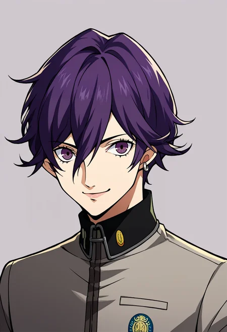 score_9, score_8_up, score_7_up, source_anime, BREAK, solo, 1boy, smile, looking at viewer, <lora:P5-Portraits-pdxl_Fp:1>, simple background, portrait, <lora:Naoya-pdxl_Fp:1>, naoyap1, school uniform, grey pants, single earring, emblem, purple hair, purple eyes,