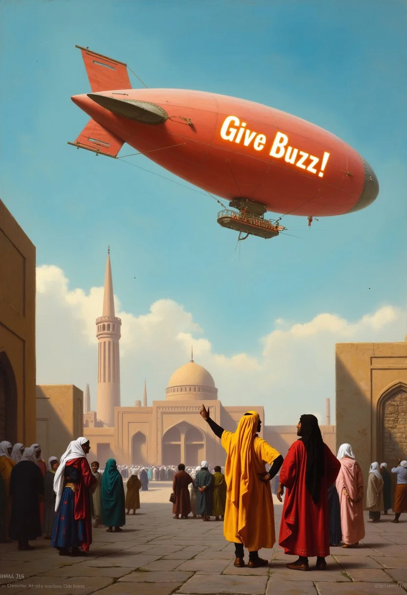 The scene is a wide square in an Arabian city during the Ottoman Empire, as depicted in a 19th-century Orientalist oil painting by Jean-Leon Gerome. The painting depicts a large steampunk dirigible or zeppelin hovering in the sky above the city. The people in the foreground are looking up at the dirigible and gesturing toward it. The men and women in the foreground are dressed in colorful Arabic clothing. The buildings in the background feature traditional Arabic architecture with geometric details around the doorways and windows. The men and women in the painting are in focus and the distant dirigible is out of focus. On the side of the dirigible, the words “Give Buzz!” appear in bright neon lights.