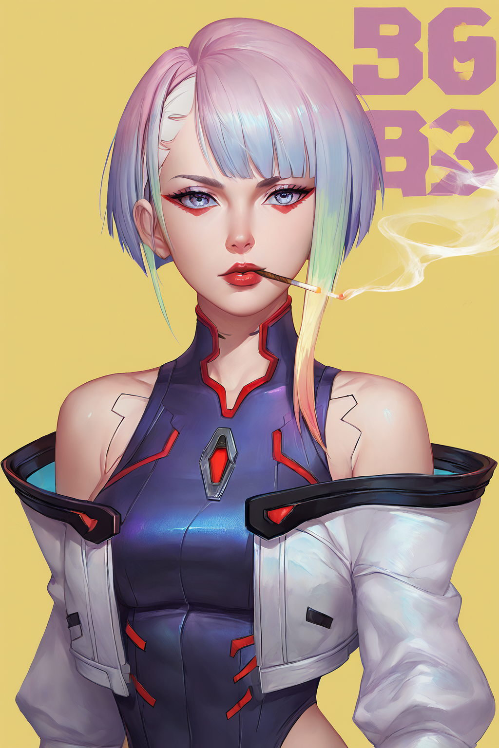 score_9,score_8_up,score_7_up,
<lora:Lucy_Pony:1>,
lucyna,fanart,art style: official art,1girl,lucy,(cyberpunk),solo,jacket,cigarette,multicolored hair,looking at viewer,bodysuit,smoking,bare shoulders,short hair,red eyeliner,makeup,off shoulder,blue eyes,yellow background,bangs,white jacket,upper body,red lips,simple background,