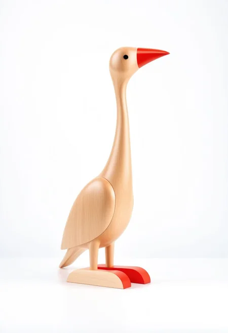 (expert craftsmanship:1.8), (high resolution, product photography, photo studio background:1.2), (modern wooden toy animal, avian creature:1.8), (fine wood, realistic wood material:1.5), (simple form, abstract form, multiple parts:1.9), (finely crafted parts, simple shape, elegant shape, ambiguous shape, stout shape, innocent shape:1.4), (comfortable, playful, friendly:1.5), (tall, lanky, whimsical:1.7), (Bauhaus Design aesthetic:1.7)