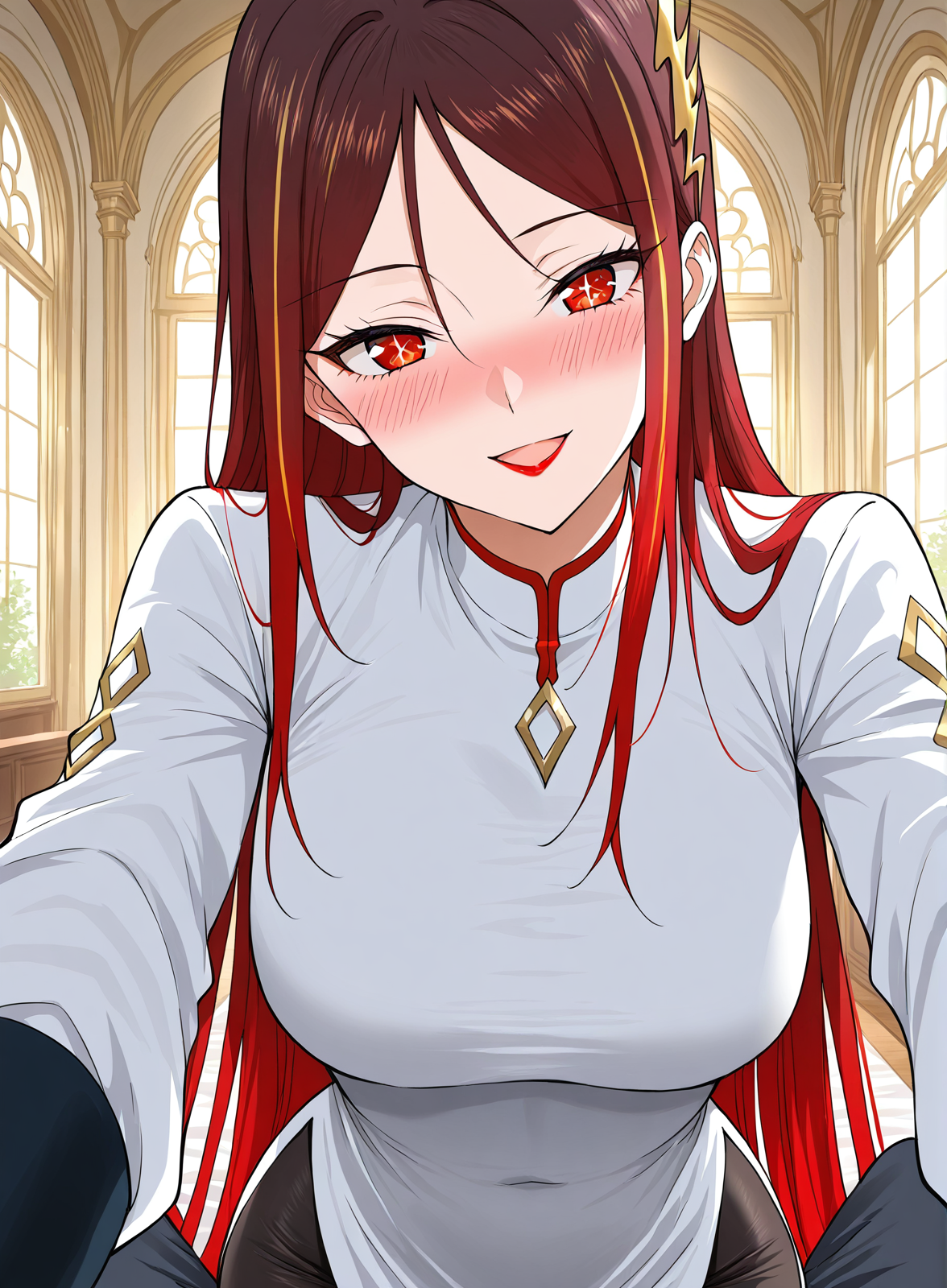 <lora:Jin_Mulan__Ultimate_Son-in-law__Illustrious:1>
1 girl, solo, long hair, red hair, gradient hair, straight hair, hair behind back, side bangs, hair ornament, golden accessory, red eyes, lipstick, 
white dress, high collar, red trim, diamond-shaped brooch, long sleeves, black sleeves, asymmetrical outfit, side slit, black leggings, tight pants, lightning-shaped hair ornament,  diamond pattern on sleeves, bodycon outfit,
score_9, score_8_up, score_7_up, score_6_up, source_anime, rating_explicit, 1girl, solo, smile, embarrassed, alcalose eyes, open mouth, mansion, indoors, looking at viewer, outstretched arms, pov, close-up, (head tilt:1.2)