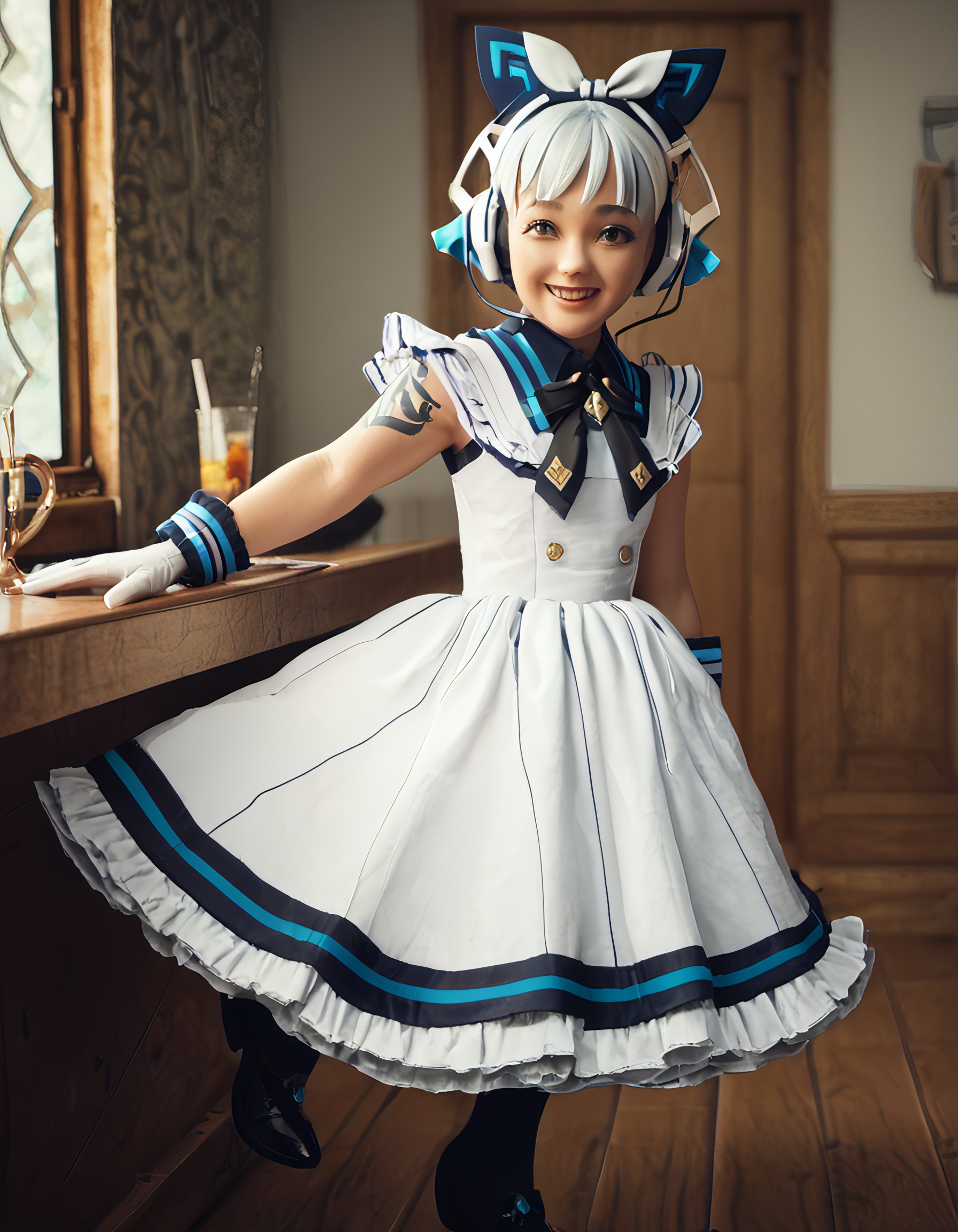 score_4,score_5,score_6,score_7_up,score_8_up,score_9 ((masterpiece,best quality,ultra detailed,highres,HD,4k:1.2)), 
Azure Striker Gunvolt(Main),
1 cute girl,solo,girl forcus,solo forcus,
indoors,
KagamineRin, short hair, hairclip, white hairband, hair bow,
KagamineBase, short hair, hairclip, hairband, hair bow, white headphones, shoulder tattoo, number tattoo, 
ribbon on clothes, Color pantyhose,white gloves, gloves, sleeveless dress, frilly dress, black footwear, black shoes,
smile,happy,open mouth,cheerful,, embedding:civit_nsfw