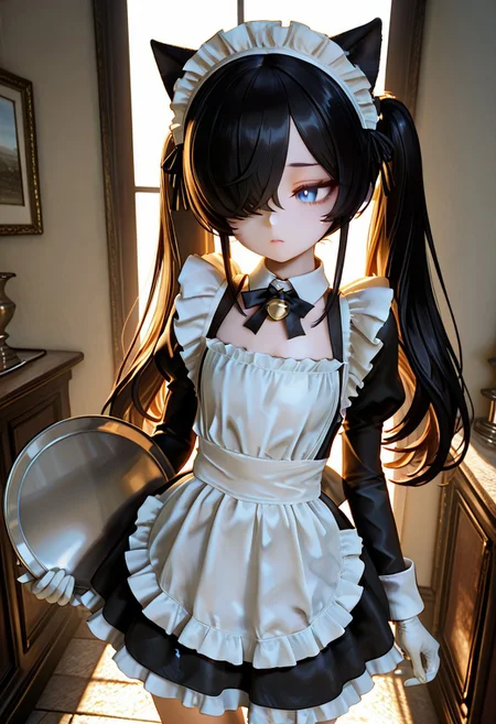 (cinematic angle, dramatic perspective
),3d,(petite:1.7)(big head:1.4),solo,Prompts used in learning: solo, white gloves, dress, hair over one eye, maid apron, blue eyes, twintails, cat ears, maid headdress, maid, gloves, 1girl, apron, juliet sleeves, tray, holding, long sleeves, long hair, black hair, animal ears, bell(Flat chest),,(backlighting),
,fe7us,masterpiece, best quality, absurdres, newest,, very aesthetic, amazing quality,highres,sensitive, highres, ultra detailed, best anatomy, high detail, high contrast, ,hyperrealistic, photorrealistic