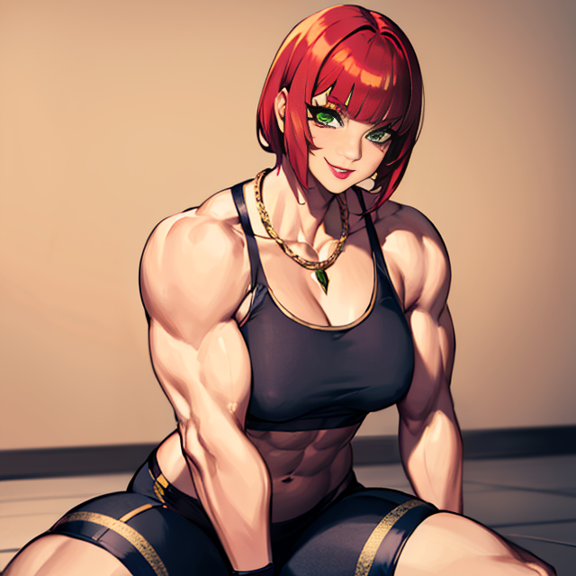 Marisa,short red hair, blunt bangs, makeup, green eyes ,muscular, biceps, close up, smile, 
Mattire, fingerless gloves, black sports bra with gold trim, big necklace, toeless legwear, bike shorts, small skirt,
(insanely detailed, beautiful detailed face, masterpiece, best quality)  <lora:Marisa-10:0.7>