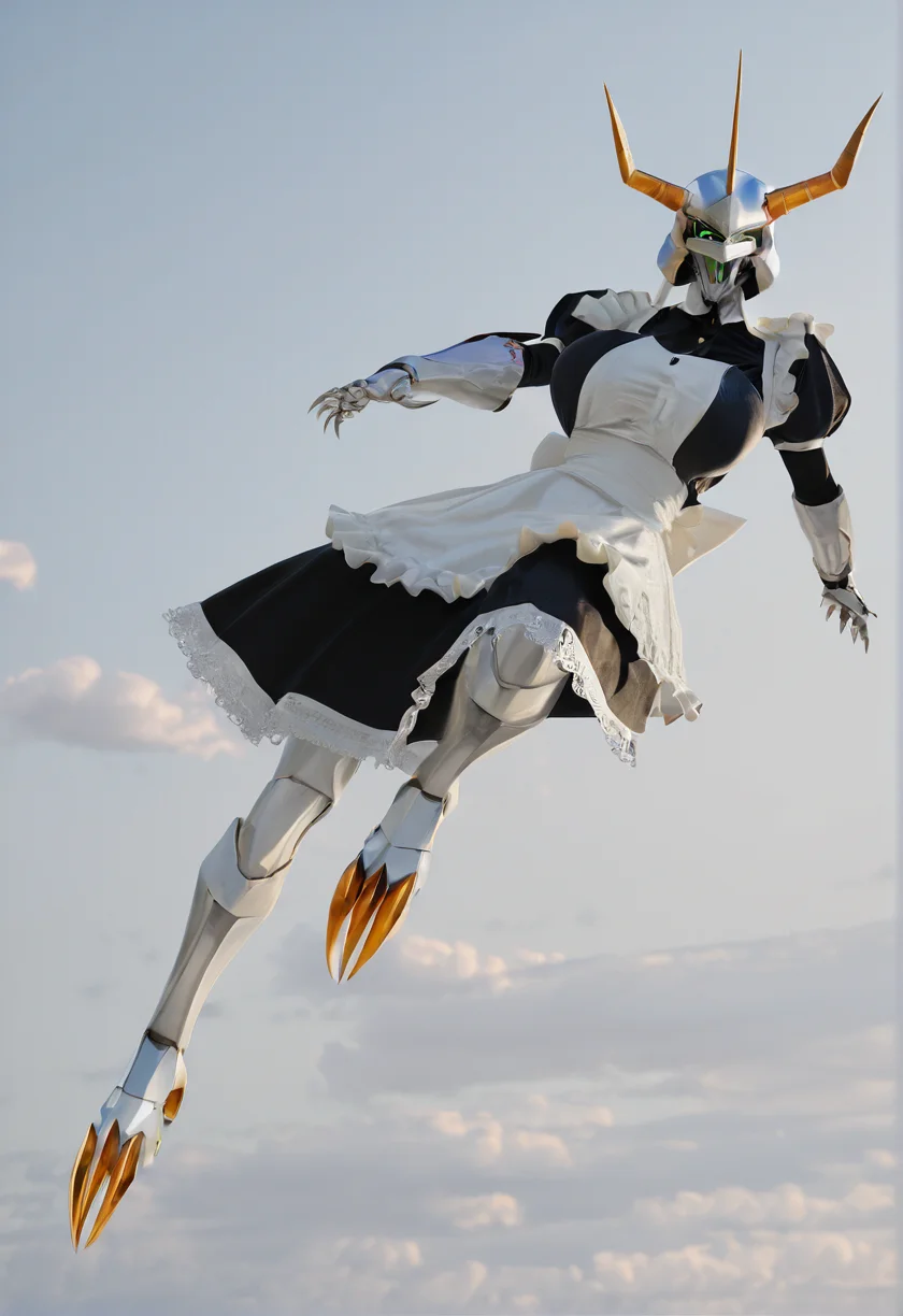 sfw, masterpiece, best quality,absurderes,1girl,solo,omegamon maid,helmet,maid dress,green eyes,crazy eyes,horns,three_horns, full body,flying,outdoors,sky,clouds,source_photo,realistic,photo,cinematic, <lora:Reallustrious_Beta:0.8>