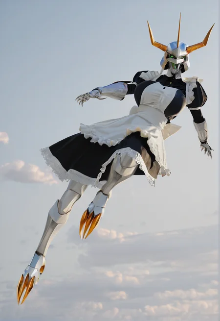 sfw, masterpiece, best quality,absurderes,1girl,solo,omegamon maid,helmet,maid dress,green eyes,crazy eyes,horns,three_horns, full body,flying,outdoors,sky,clouds,source_photo,realistic,photo,cinematic, <lora:Reallustrious_Beta:0.8>