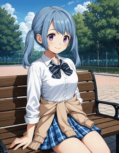 score_9, score_8_up, source_anime, 1girl, upper body, medium shot, detailed, mgrckasaneao, blue hair, low twintails, purple eyes, white shirt, dark blue bowtie, blue checkered skirt, brown sweater around waist, (side view:0.75), sitting, outdoors, park, bench, sky, clouds, light smile, hand on lap, <lora:mgrckasaneao_XL:0.9>