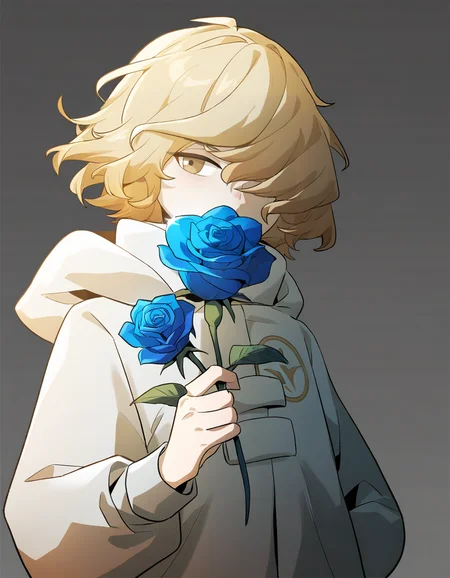lamiya, anotherstyle, 1girl, solo, blonde hair, flower, holding, grey background, holding flower, rose, simple background, brown eyes, long sleeves, hair over one eye, blue flower,<lora:lamiya_noob>,
masterpiece,best quality,very aesthetic,absurdres,