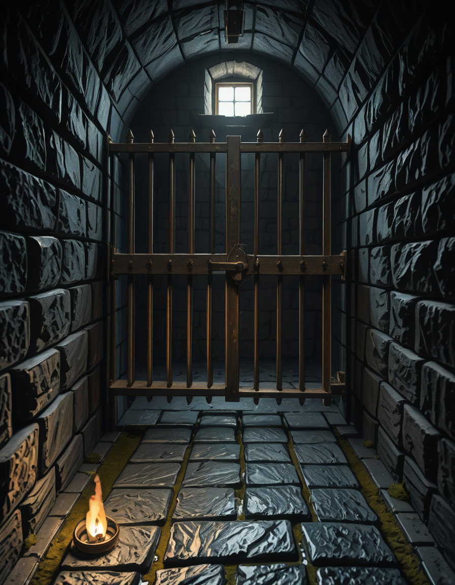 A highly detailed, hyper-realistic photograph of a dark medieval dungeon prison cell. The scene is dimly lit by a single flickering torch mounted on a damp stone wall, casting eerie shadows across the rough, moss-covered stones. Heavy, rusted iron bars form the cell door, slightly ajar, with visible corrosion and ancient padlocks. Inside the cell, there is a straw-covered floor, old wooden buckets, and a crude, splintered wooden bench against the back wall. Chains and manacles hang loosely from the walls, showing signs of long-term use. The atmosphere is cold, humid, and oppressive, with faint light rays piercing through tiny cracks in the stone ceiling. Cobwebs stretch across the corners of the cell, and faint water drips from above, creating small puddles. The overall mood is grim, desolate, and foreboding. Photorealistic style, with high dynamic range (HDR) lighting and extreme attention to textures like rust, moisture, and decay.
<lora:SDXLFaeTastic2400:0.4> <lora:extremely_detailed:0.4> extremely detailed,medieval dungeon pr1s0n c3ll <lora:medieval_dungeon_pr1s0n_c3ll-i:1>, Masterpiece,best quality,hi res,8k,hi res,8k,award winning,(sharp focus, intricate, highly detailed),