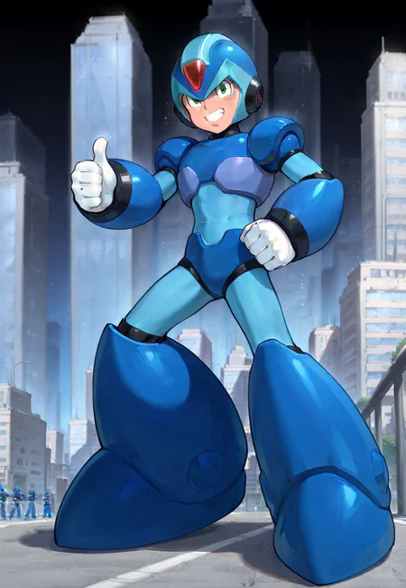masterpiece, best quality, amazing quality, highres, high resolution, solo, 1boy, :green_eyes, blue_helmet, blue_armor, blue_bodysuit, thumbs up, white_gloves, blue_boots megax, city,